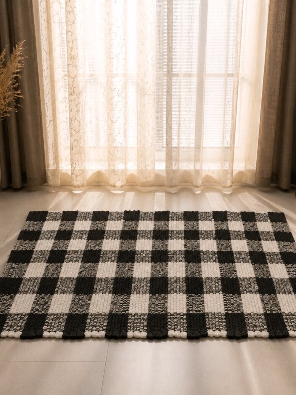 Hobby Lobby Black & White Check Plaid Woven Accent Rug 38" X 26"